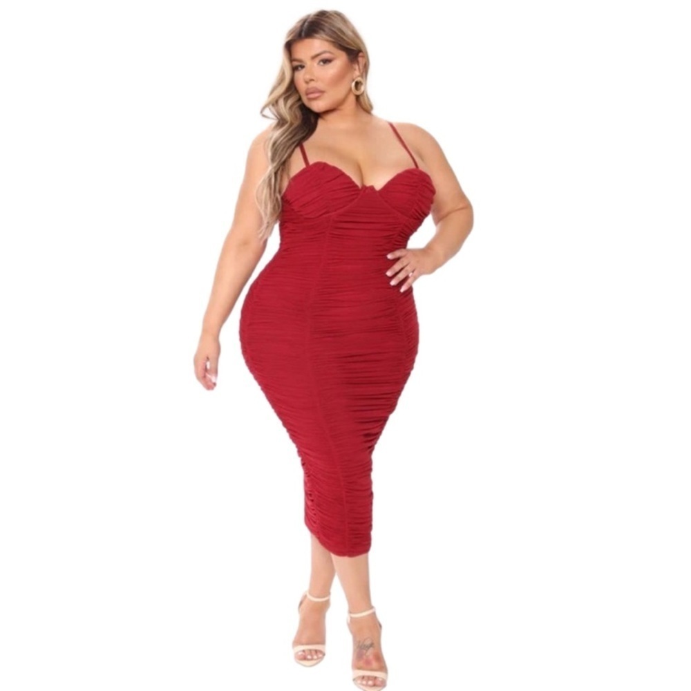 NEW Fashion Nova Need You In Life Ruched Midi Dress Burgundy Red Bodycon Size XL